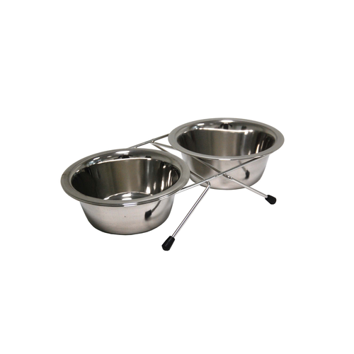DOG BOWL STAINLESS STEEL DUBBLE 2 X 13 CM